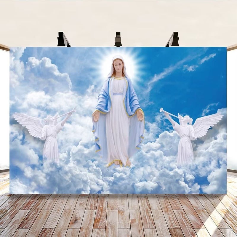 DASHAN 6x4ft Polyester God Bless Virgin Mary and Angel Backdrop Heaven First Communion Baptism Easter Christian Backdrop for Church Photography Background Jesus Religious Prayer YouTube Photo Props - Image 1